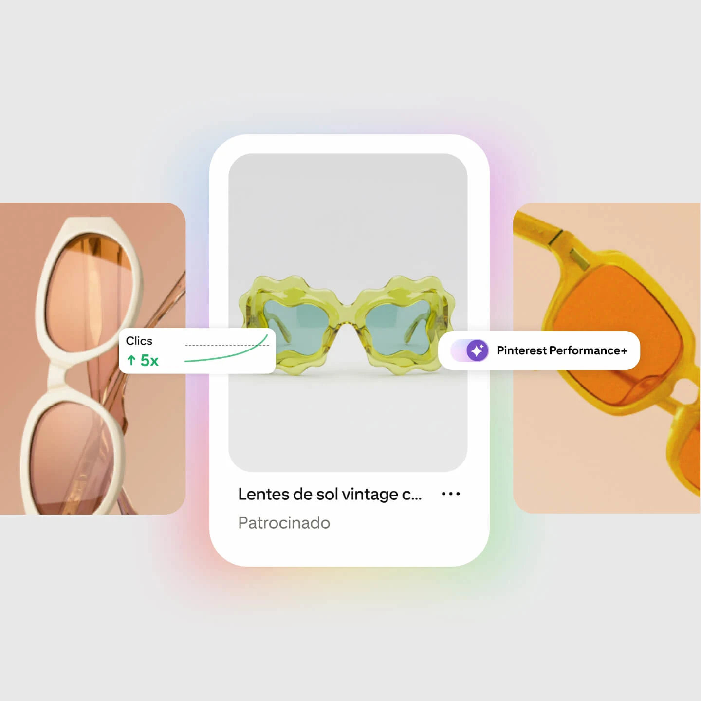 Pin patrocinado de Pinterest para las gafas de sol “lentes de sol vintage color limón” que muestra un aumento de 5 veces en los clics, con la etiqueta “Pinterest Performance”