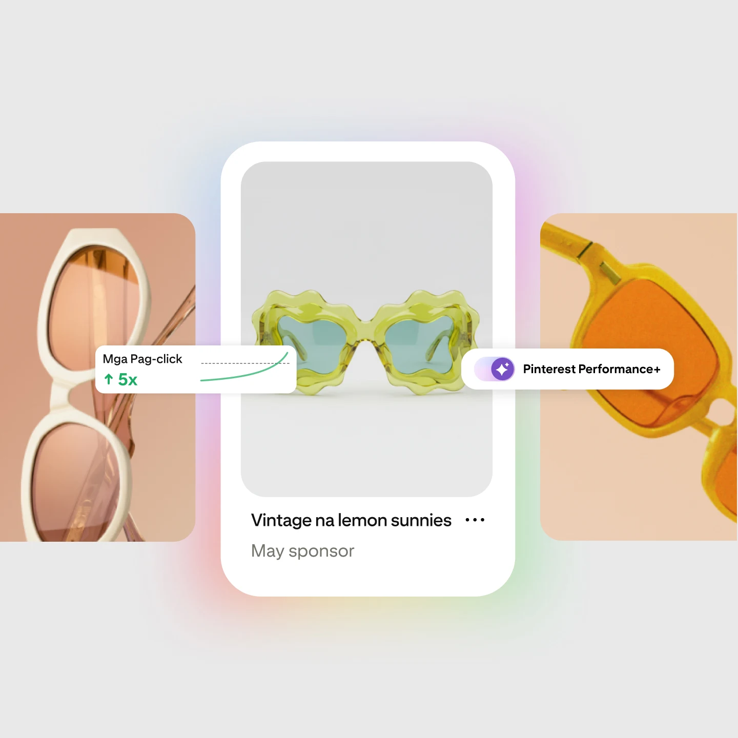 May sponsor na pin sa Pinterest para sa sunglasses na "Vintage lemon sunnies" na nagpapakita ng 5x na pagtaas sa mga pag-click, na may label na Pinterest Performance