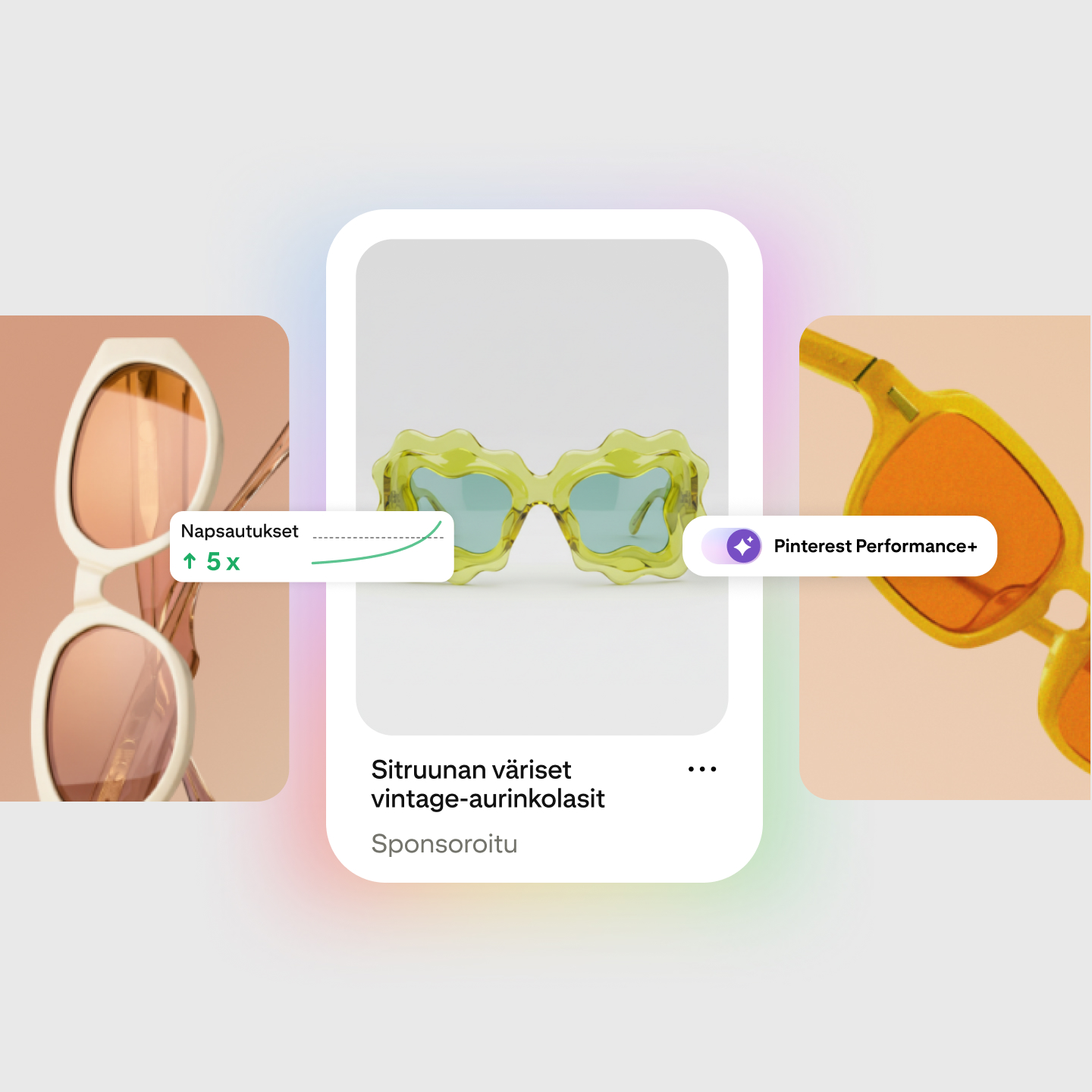 Sponsoroitu pin-lisäys Pinterestissä, "Sitruunan väriset vintage-aurinkolasit", kuva viisinkertaisesta napsautusten määrästä ja Pinterest Performance -selite