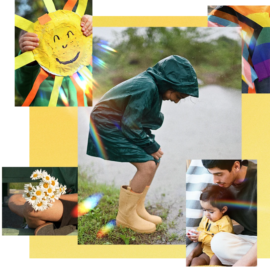 Collage featuring the Pride Progress Flag, a child playing in the rain, a parental figure playing with a baby, a girl with flowers on her lap and a kid showing off a paper sun art piece.