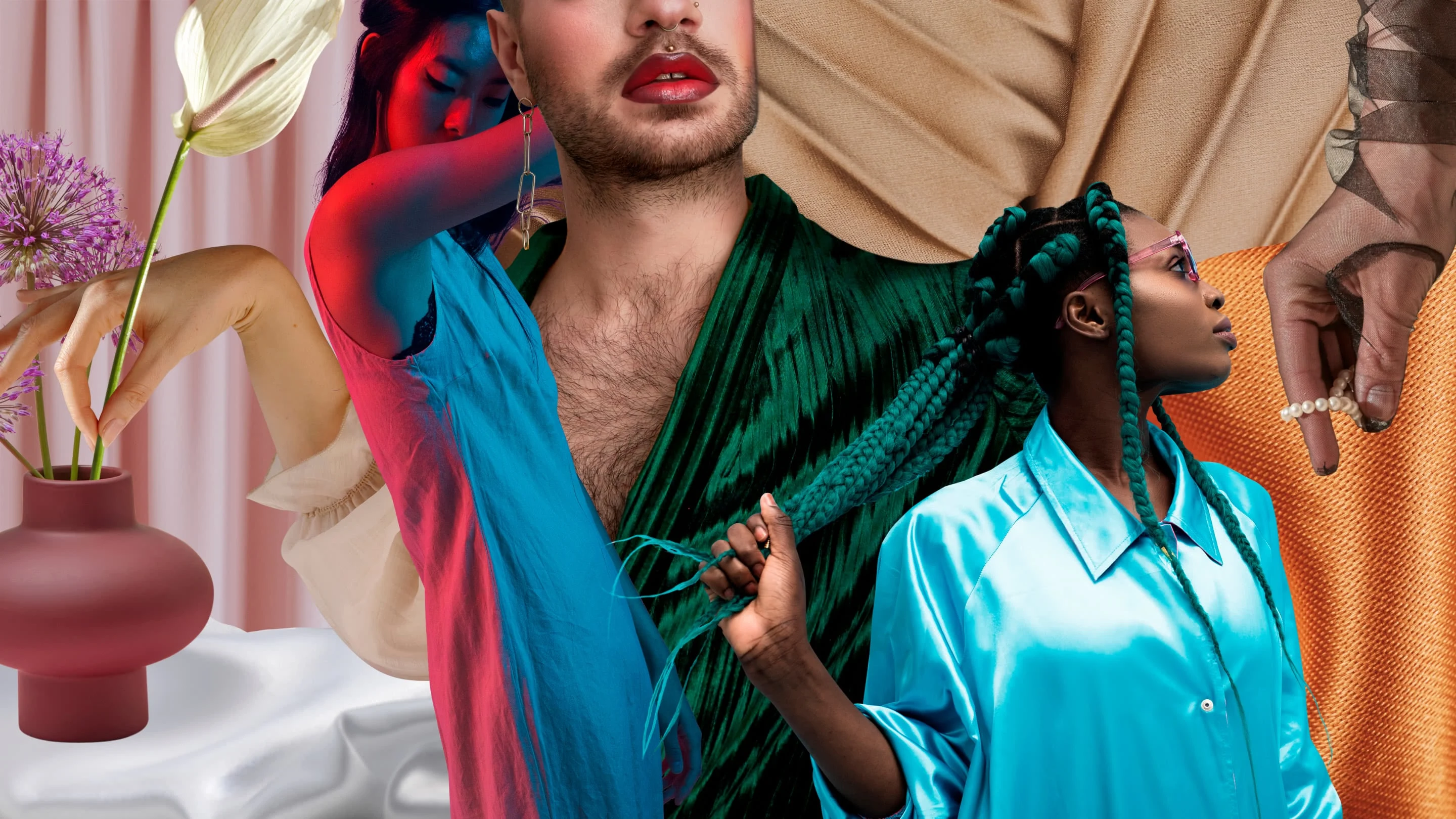 Collage of people wearing silky clothes. On the left, a white woman's hand is putting a lily into a vase. An East Asian woman is wearing a linen dress, beside a person with a beard and bright lipstick, wearing a green robe. A Black woman with long hair is wearing blue silk pajamas.