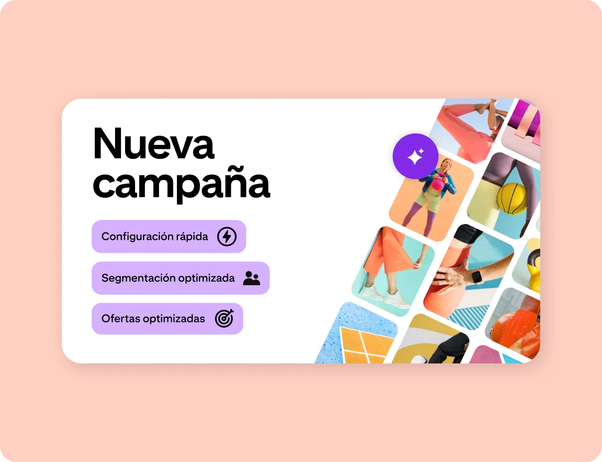 En un gráfico con un encabezado que dice “Nueva campaña”, se muestra una cuadrícula de Pines con imágenes deportivas. Las etiquetas de color violeta debajo del encabezado dicen “Configuración rápida”, “Segmentación optimizada” y “Oferta optimizada”. 