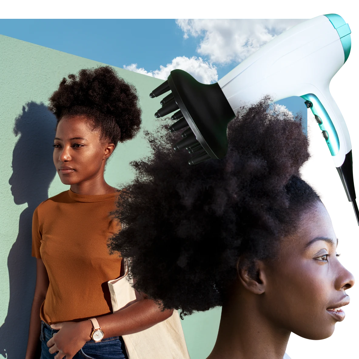 Duas mulheres negras com cabelos naturais contra um fundo verde claro. Uma delas, à esquerda, veste top bege e a outra, à direita, está em pé sob um secador de cabelos branco com difusor. Céu azul e nuvens em segundo plano.