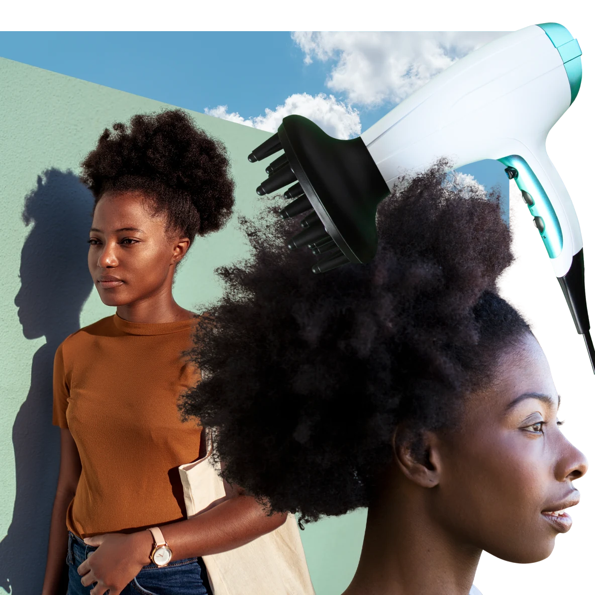 Deux femmes noires aux cheveux naturels sur un fond vert clair, celle à gauche en t-shirt marron et celle à droite sous un sèche-cheveux blanc. En arrière-plan, ciel bleu et nuages.