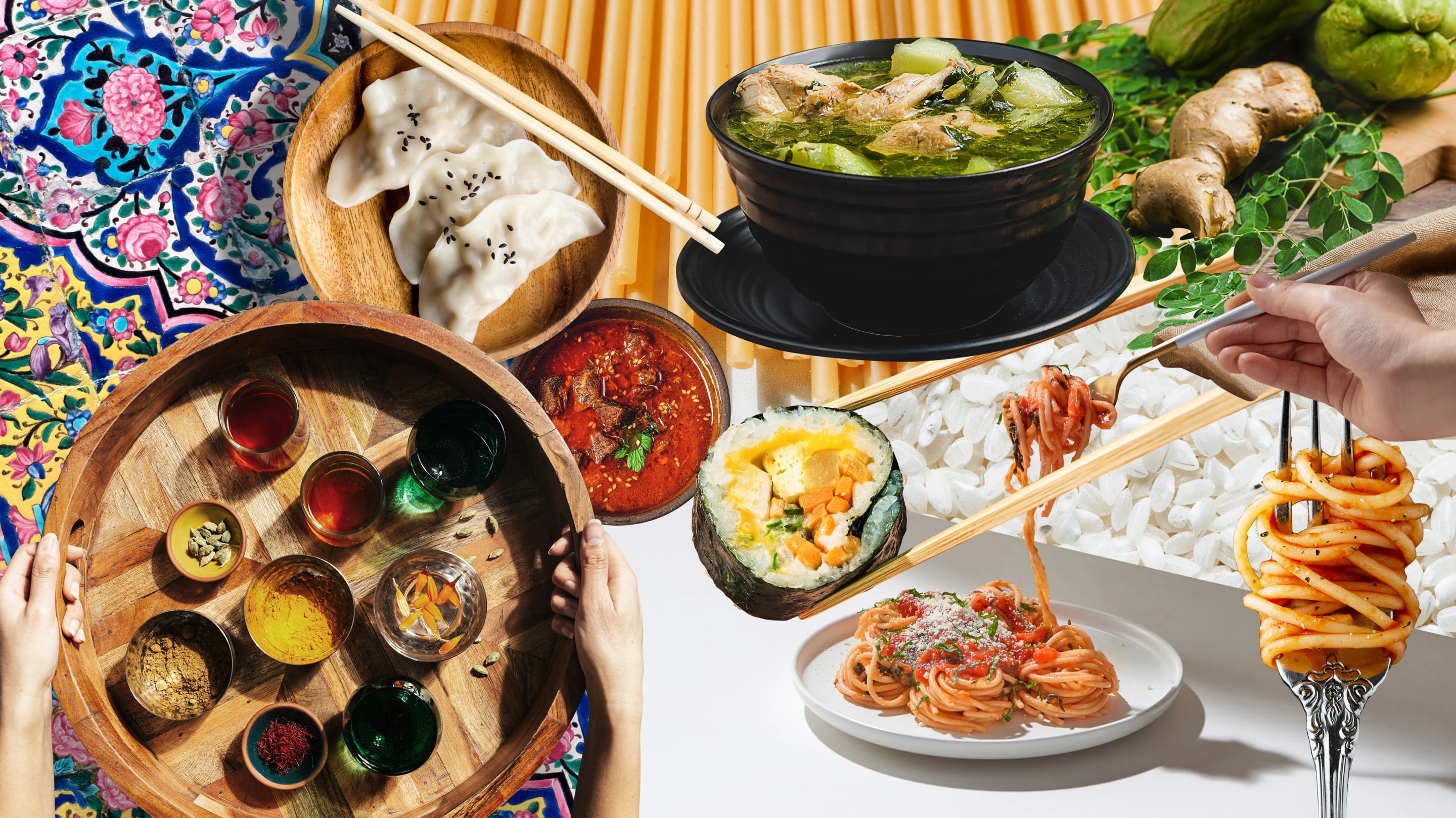 Colourful collage of meals. Dumplings on a brown, wooden plate with chopsticks, a maki sushi roll, a plate of spaghetti and a fork with spaghetti rolled around it, a brown tray of oils and spices and a large blue bowl of chicken and vegetable soup.
