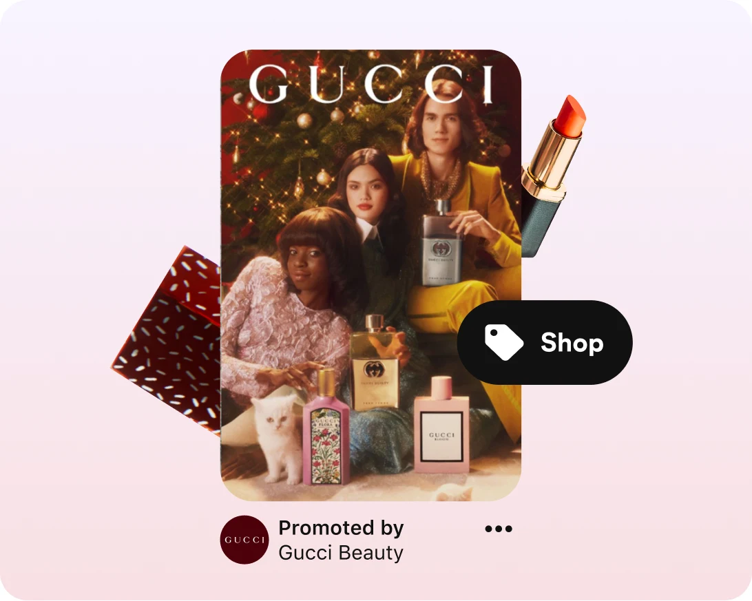 A Gucci Beauty ad shows three people posing in front of a Christmas tree with several bottles of perfume, along with a “Shop” button.
