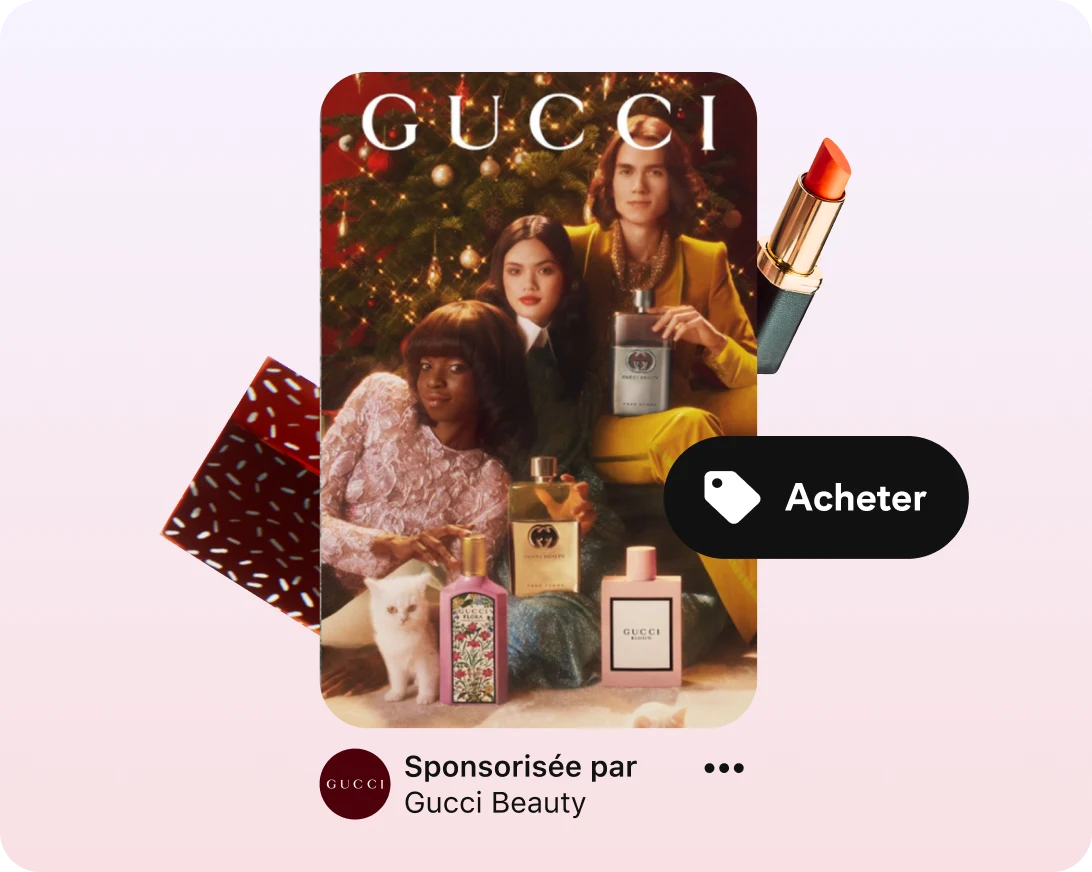Une annonce Gucci Beauty montrant trois personnes posant devant un sapin de Noël avec plusieurs flacons de parfum, accompagnée d’un bouton « Acheter ».