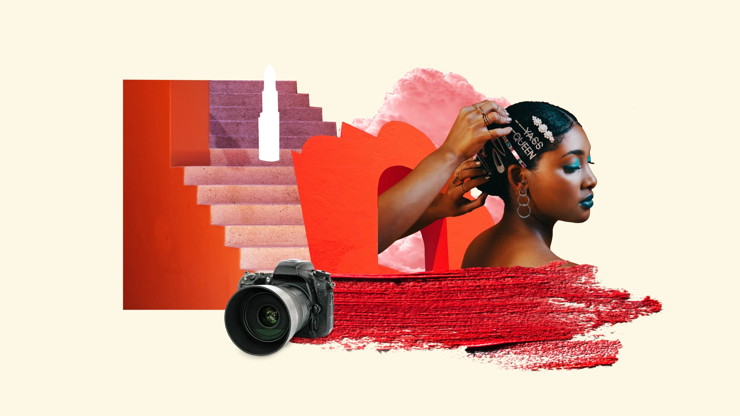 A staircase in shades of dark and light red is on the left, with a black camera at the bottom. A swatch of red paint drawn across the screen. A Black woman is on the right, wearing blue eyeshadow and hair clips. A set of Black hands is touching her hair. 