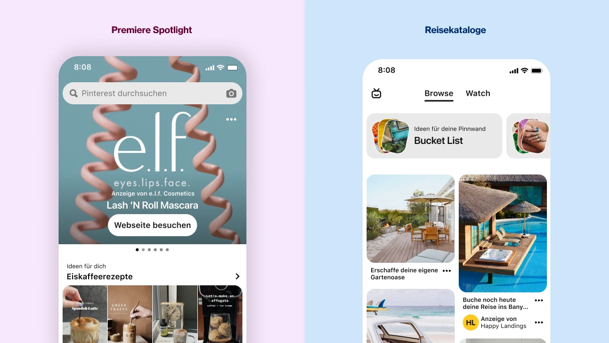Vertikal geteiltes Bild; auf der linken Seite ein Beispiel für eine Anzeige im Großformat auf der Suchseite; rechts der Browse-Feed in der Pinterest-App.