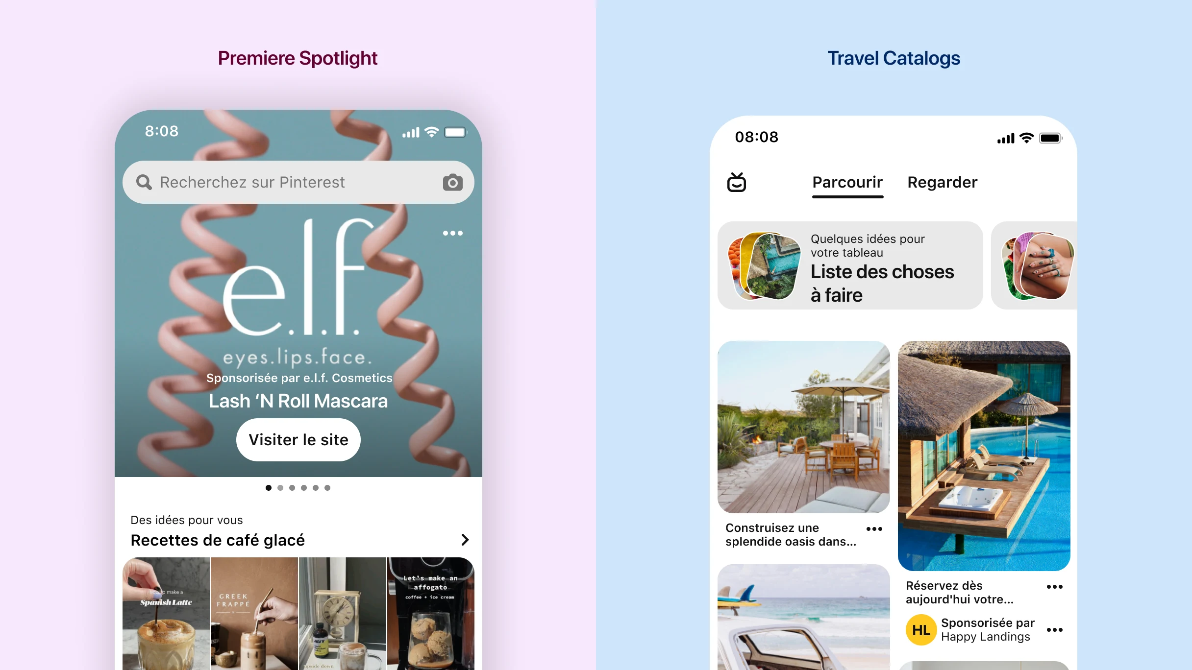 Image divisée verticalement, le côté gauche montrant un exemple de grande annonce sur la page de recherche ; le côté droit présentant la page Parcourir dans l’application mobile Pinterest.