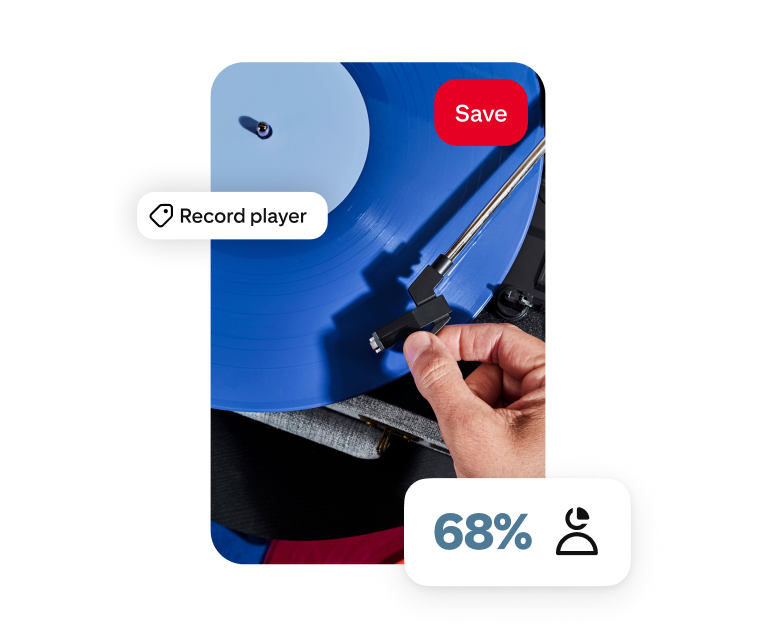 A Pin showing a hand placing a turntable arm onto a blue record with the words “record player” partially overlaid, plus a separate “68%“ overlay.