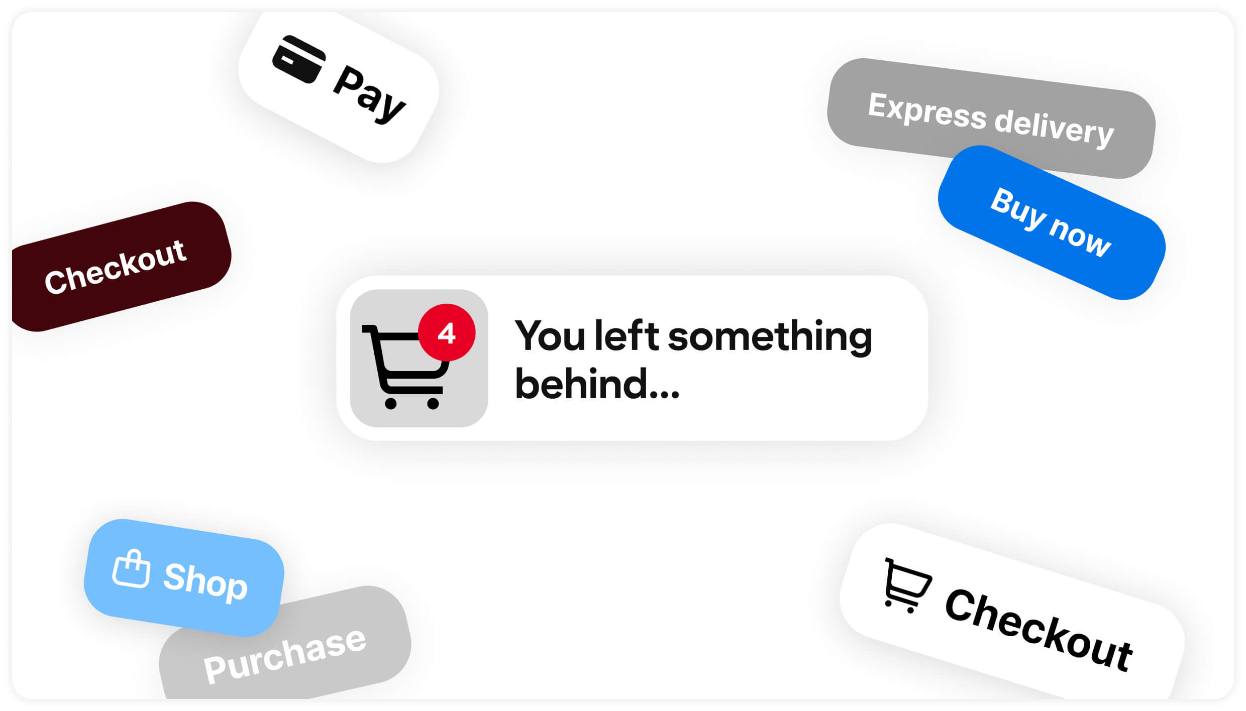 A shopping trolley icon with the words ‘You left something behind…’ is surrounded by shopping-related phrases.