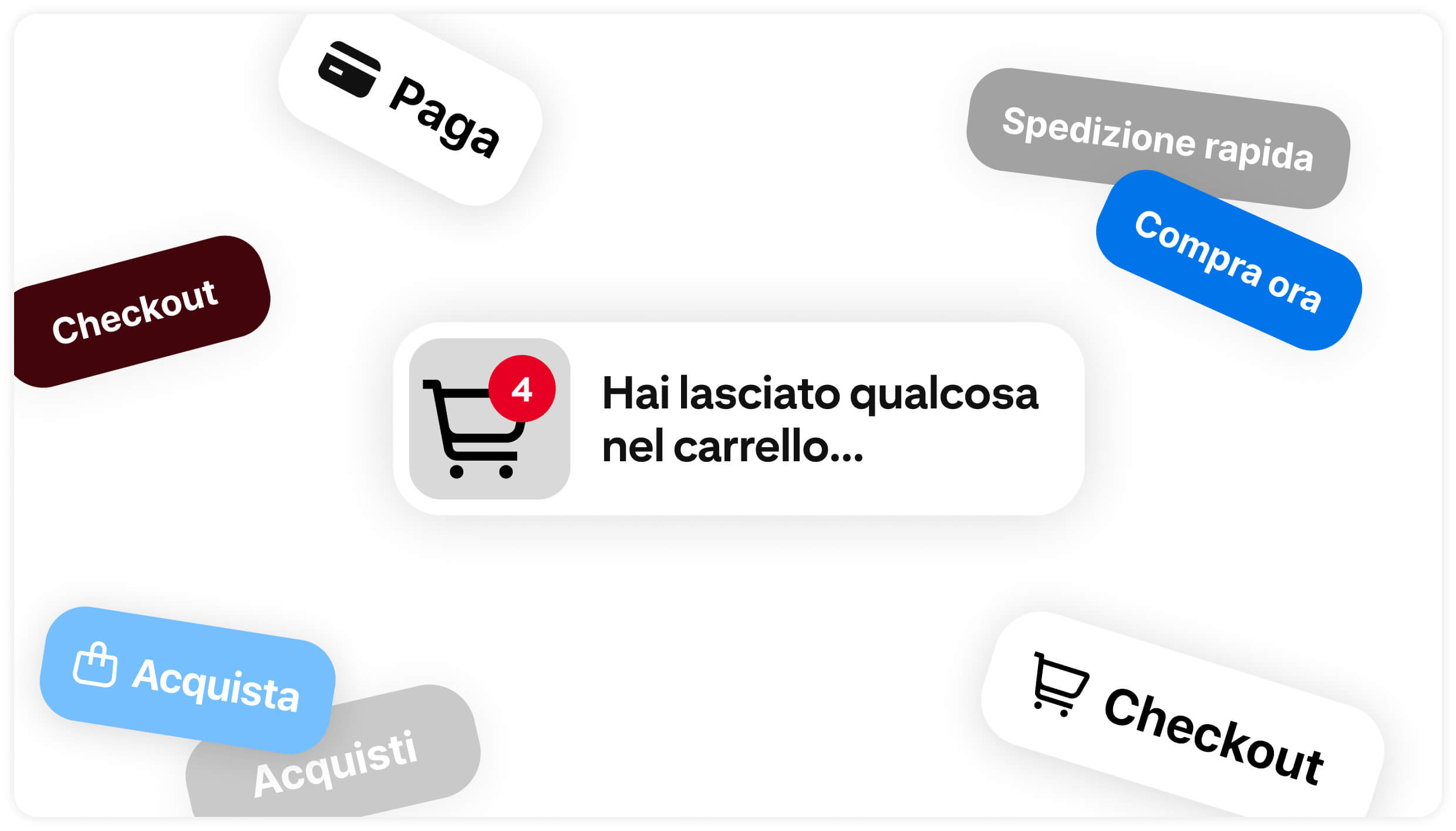 L'icona di un carrello con la scritta "Hai lasciato qualcosa nel carrello..." circondata da frasi relative allo shopping.
