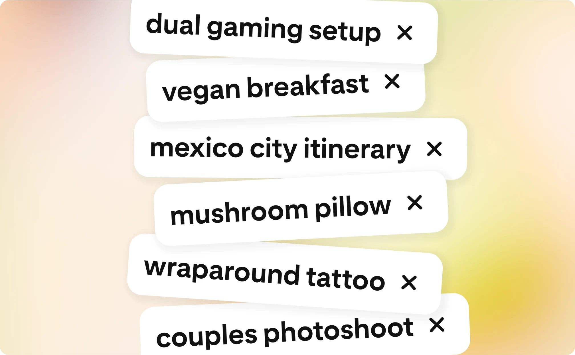 A list of search terms like “wraparound tattoo” and “dual gaming setup.” 