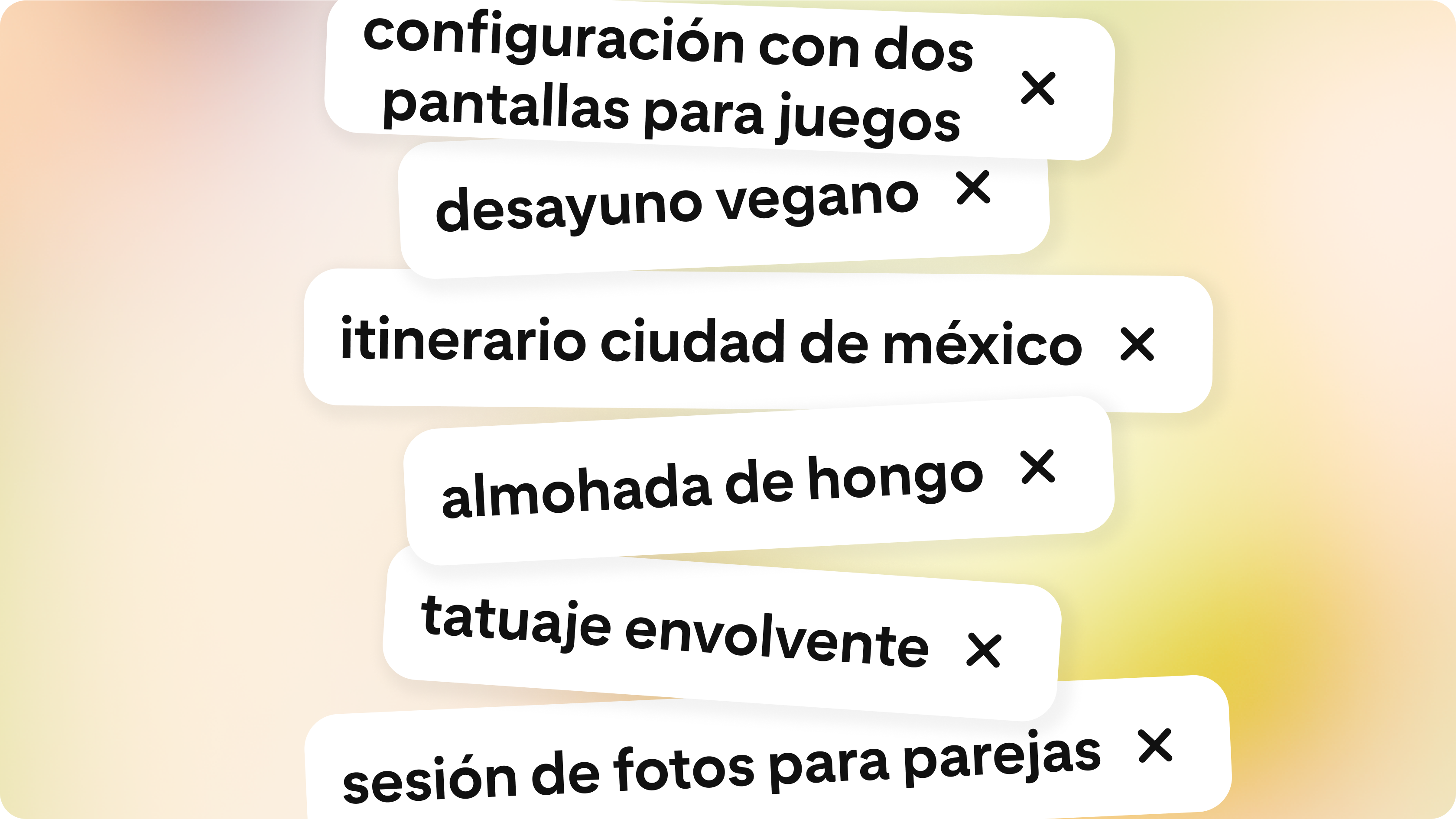 Una lista de términos de búsqueda como “tatuaje envolvente” y “configuración con dos pantallas para juegos”. 