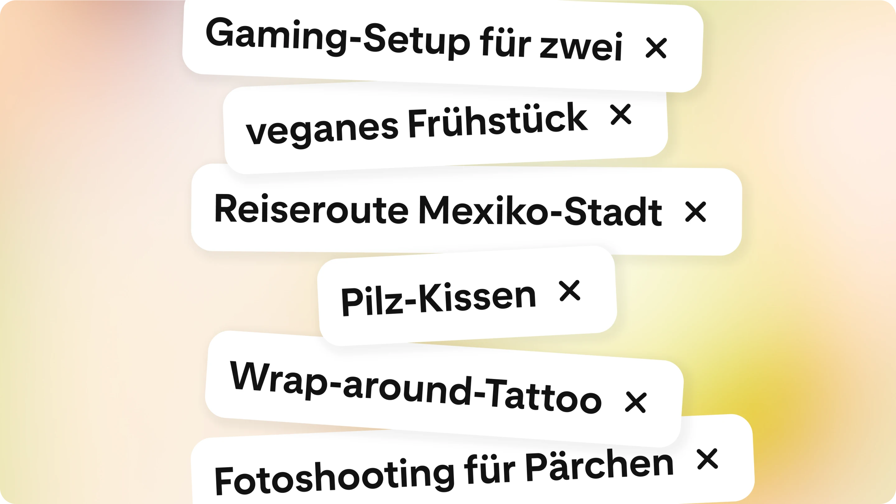 Eine Liste mit Suchbegriffen wie „wraparound tattoo“ (um Arm oder Bein geschlungenes Tattoo) und „dual gaming setup“ (Gaming-Setup für zwei Personen). 