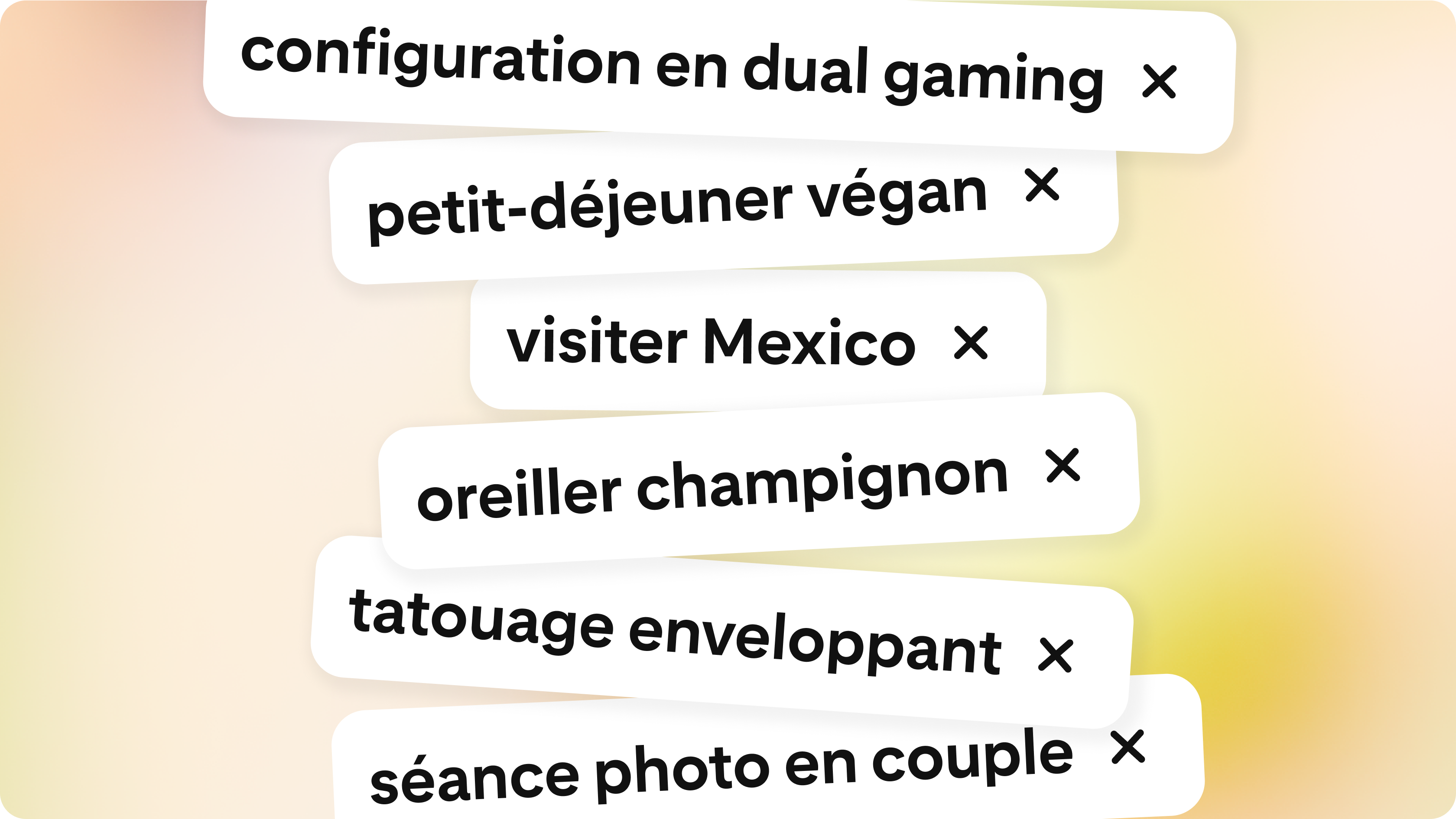 Une liste de termes de recherche, tels que « tatouage enveloppant » et « configuration en dual gaming ». 