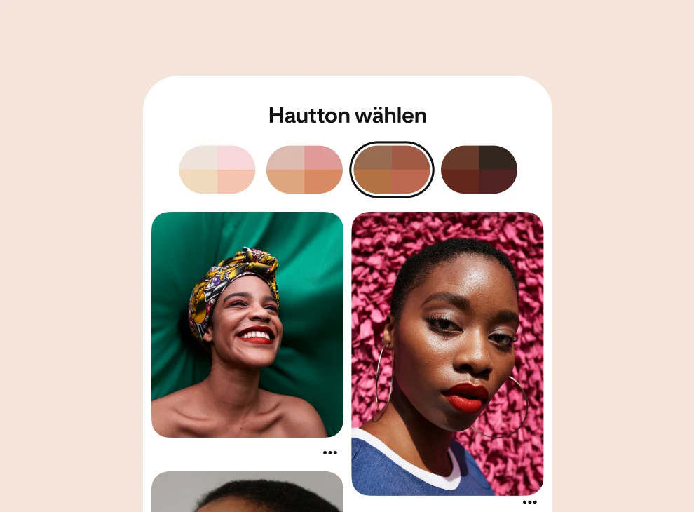 Die Hautton-Filterseite mit Pins von drei Schwarzen Frauen mit unterschiedlichen Hauttönen.
