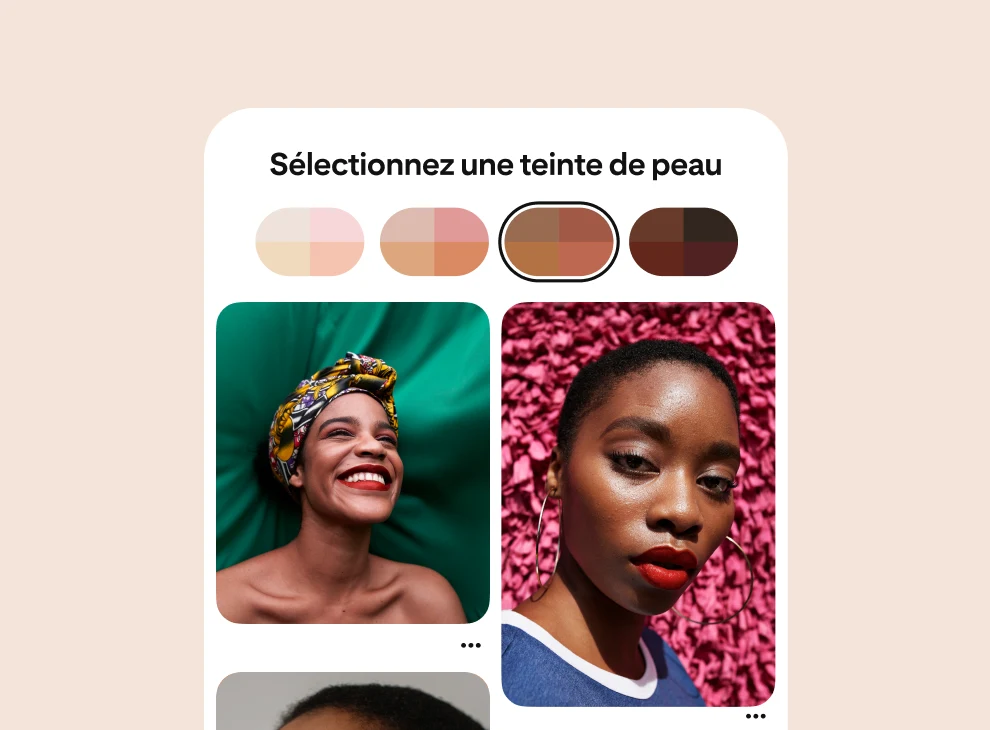 Page de filtres pour les teintes de peau avec épingles montrant trois femmes noires de carnations différentes.