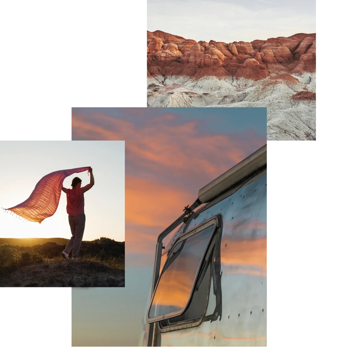 Image cluster featuring a woman on a hiking path holding a shawl in the air as it blows in the wind, the corner of a parked camper van reflecting the sunset in the background and a view of a white and brown rocky mountain landscape