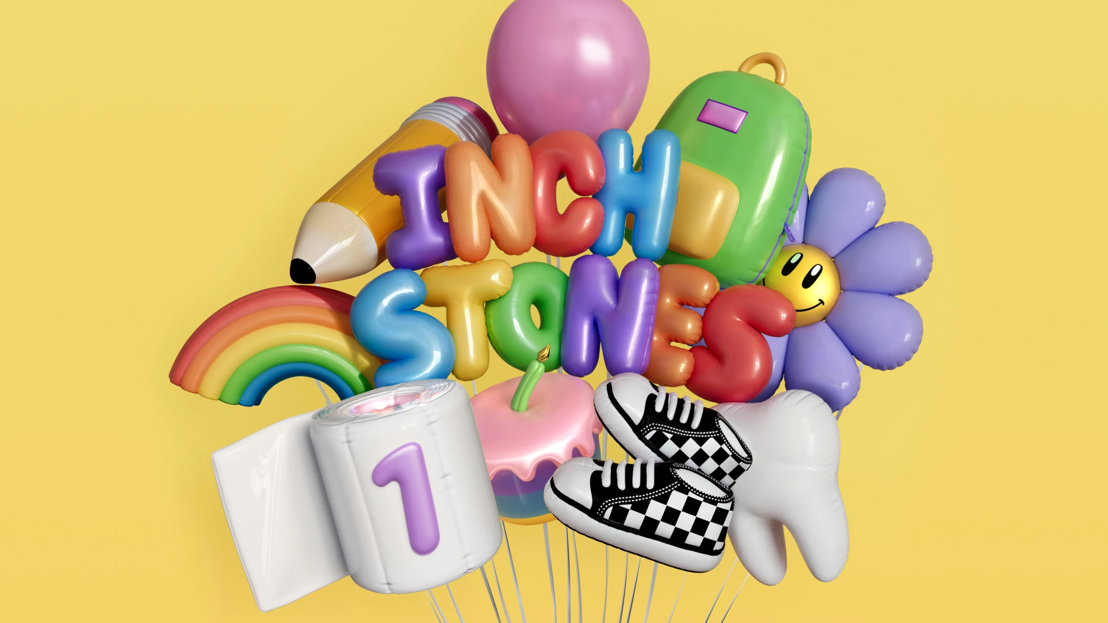 Colorful balloons in various shapes such as a pencil, rainbow, flower and more featured in front of a yellow background along with a roll of toilet paper and checkered sneakers. “Inchstones” is spelled out with balloons.