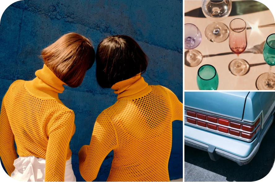 Collage de photos montrant : deux femmes brunes aux cheveux courts en pulls à col roulé orange, des verres colorés mis en scène avec la lumière du soleil, le pare-chocs d'une voiture bleue 