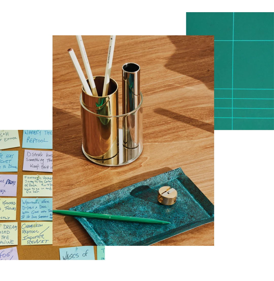 Image cluster featuring: bulletin board filled with colored sticky notes, modern gold cup pen holder and teal tray sitting on a wooden desk, teal image of a grid used for careflly cutting paper.