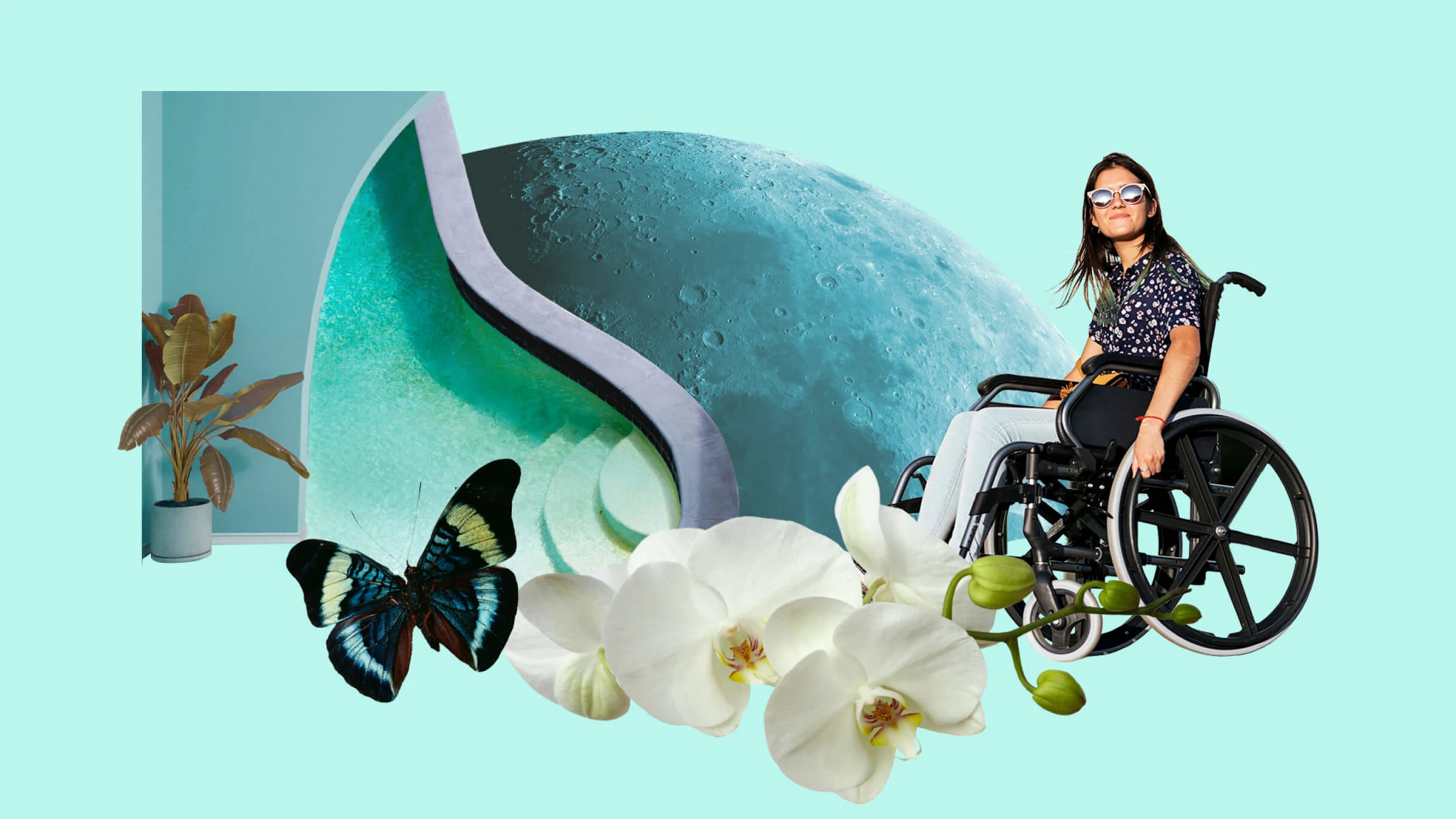 A white woman wearing shades is sitting in a wheelchair. The surface of the moon in a pale blue hue is in the background. A black and blue butterfly flutters by some white orchids. A green plant is in the corner of a room beside a curved swimming pool. 
