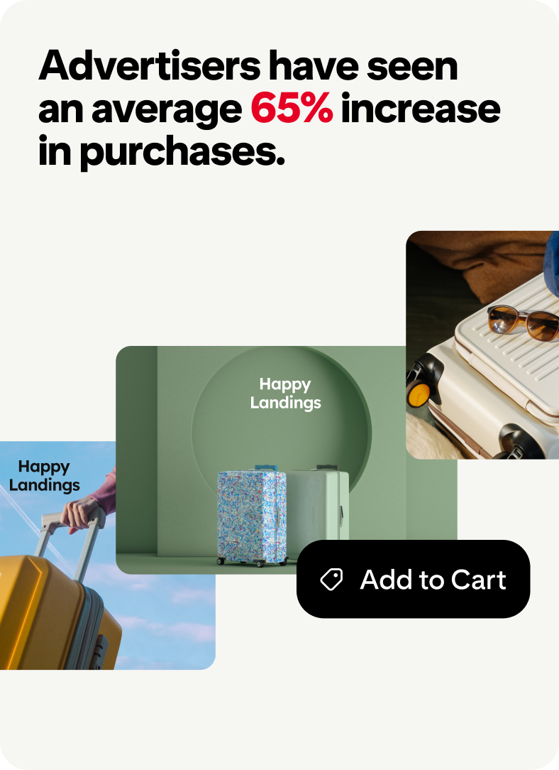 A graphic with text that reads “Advertisers have seen an average 65% increase in purchases,” alongside images of luggage and a black “Add to Cart” button.