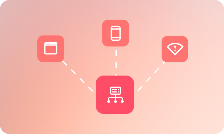 Een diagram met vier pictogrammen, waarbij het middelste pictogram de CAPI voorstelt. Drie stippellijnen verbinden de andere drie pictogrammen en geven aan hoe je met de CAPI inzicht kunt krijgen in web-, app- en offline conversies.