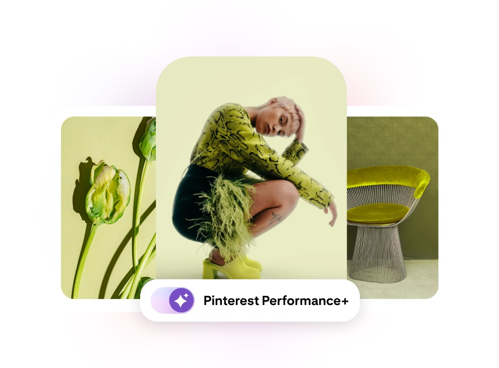  Anúncio com criativo Pinterest Performance+ apresenta moda verde-limão, imagens florais e decoração moderna para casa com uma modelo vestindo um moletom verde felpudo.