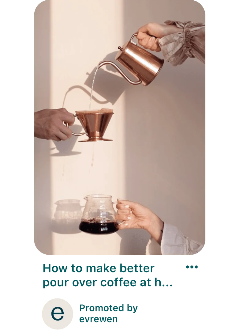 A Promoted Pin showing three White hands: the first pours water into a coffee filter, the second holds the coffee filter and the third catches the brewed coffee.