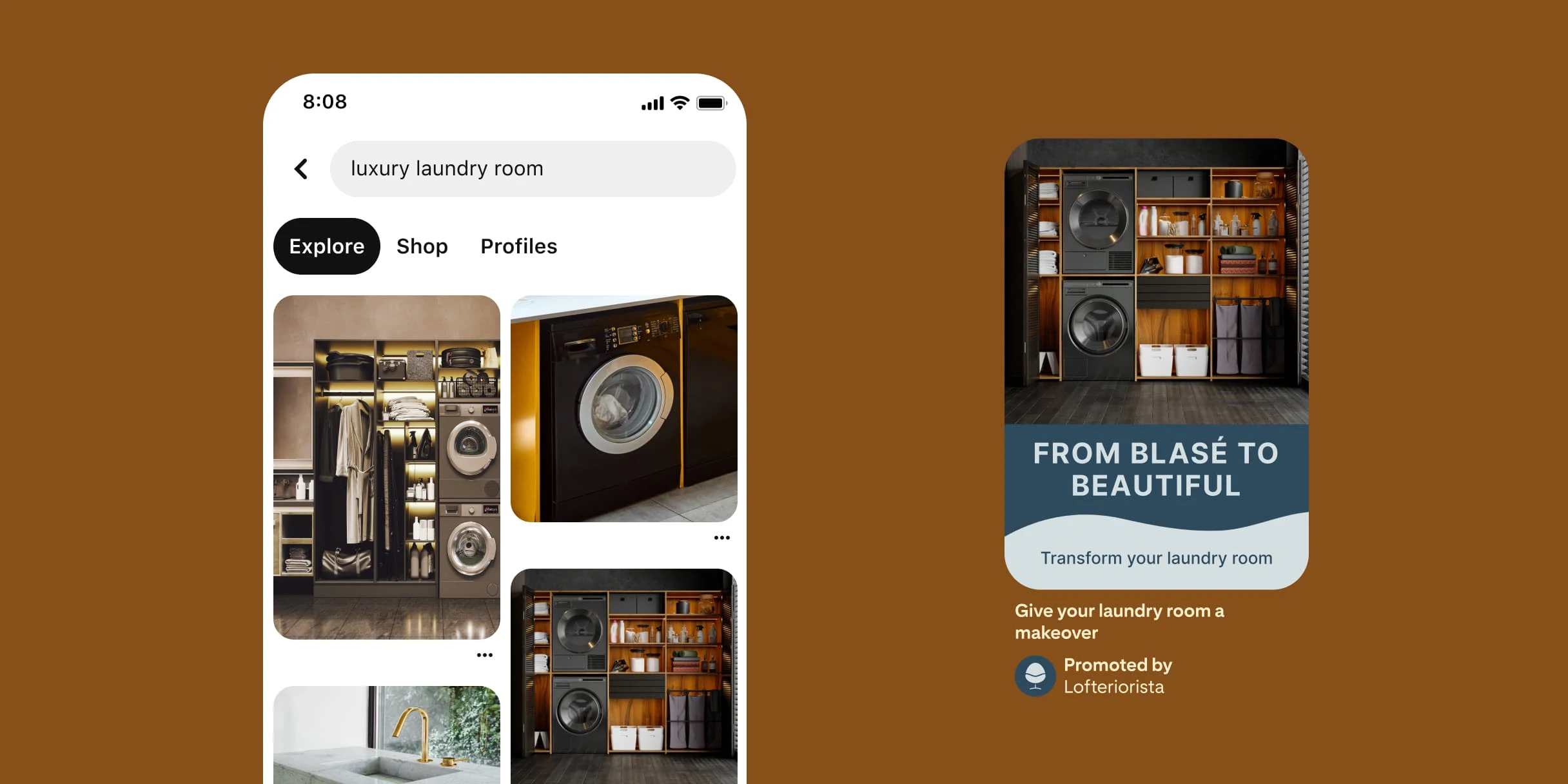 Pinterest search term for ‘luxury laundry room’. A well-organised wardrobe with a grey colour palette and a grey washer and dryer stacked beside it. A front-loading black washing machine. A marble countertop with a marble sink and gold tap. A Pin showcasing a laundry room with organised mahogany shelves and stacked grey washer and dryer. The text reads, ‘From blasé to beautiful – Transform your laundry room’. The description underneath reads, ‘Give your laundry room a makeover’.
