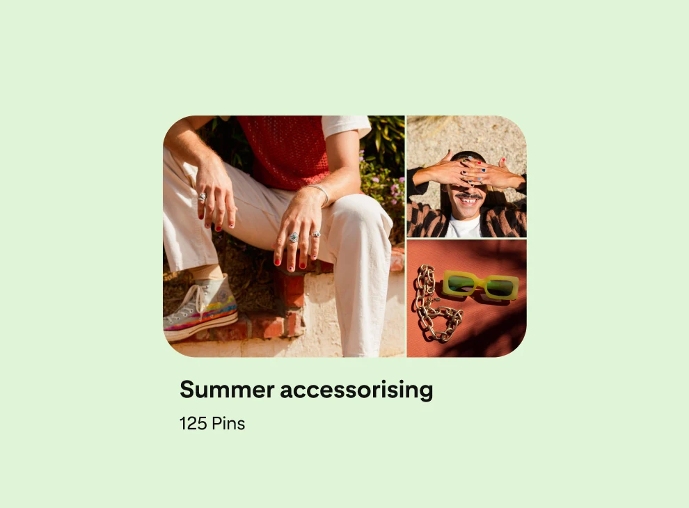 A board preview card is showing three Pins—two featuring a white person with brightly-coloured nails posing aesthetically, with the third featuring sunglasses and a chain necklace.