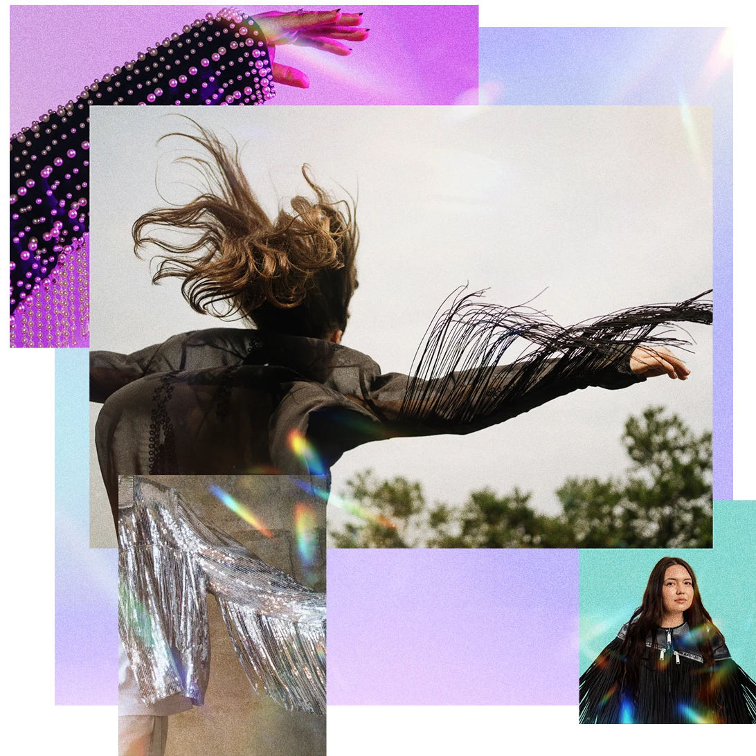 Set of images depicting fringe jackets in a variety of styles including on a woman in a black fringe jacket.