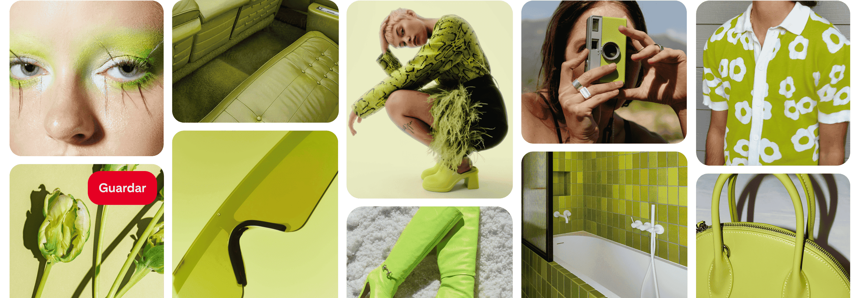 Una cuadrícula de Pines con artículos verdes brillantes, como una camisa, un bolso, un baño con azulejos, botas, anteojos con cámara, el interior de cuero de un automóvil y sombra para ojos.