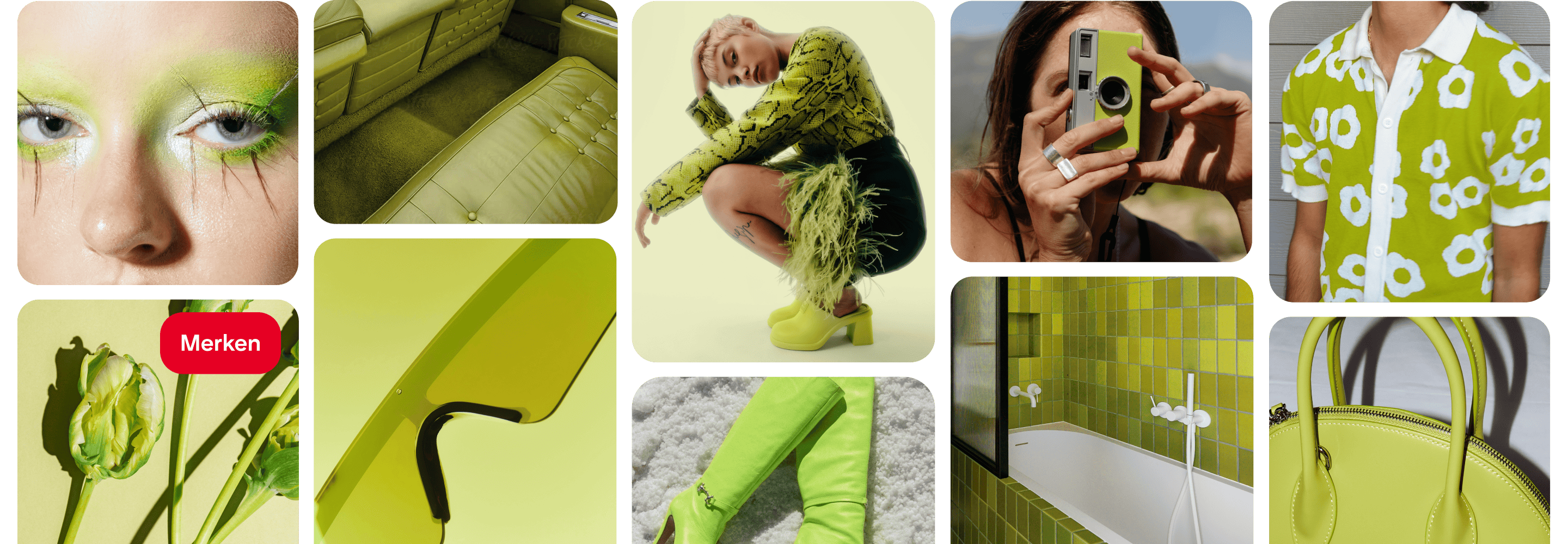 Im Raster angeordnete Pins, die helle, grüne Artikel zeigen, etwa ein Hemd, eine Handtasche, ein gefliestes Badezimmer, Stiefel, eine Kamera, eine Brille, ein Fahrzeuginnenraum mit Leder und Lidschatten.