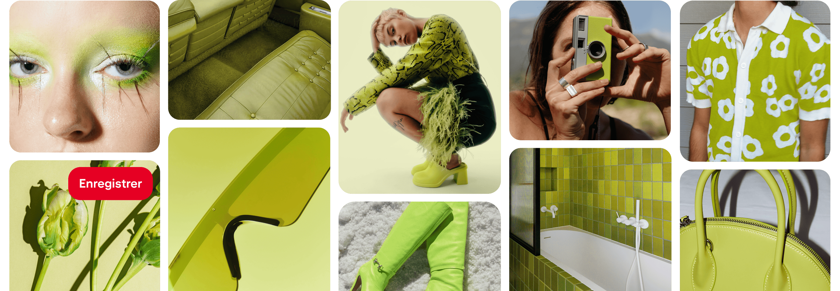 Grille d’Épingles avec des articles d’un vert vif, dont une chemise, un sac à main, une salle de bain carrelée, des bottes, des lunettes caméra, un intérieur de voiture en cuir et un fard à paupières.