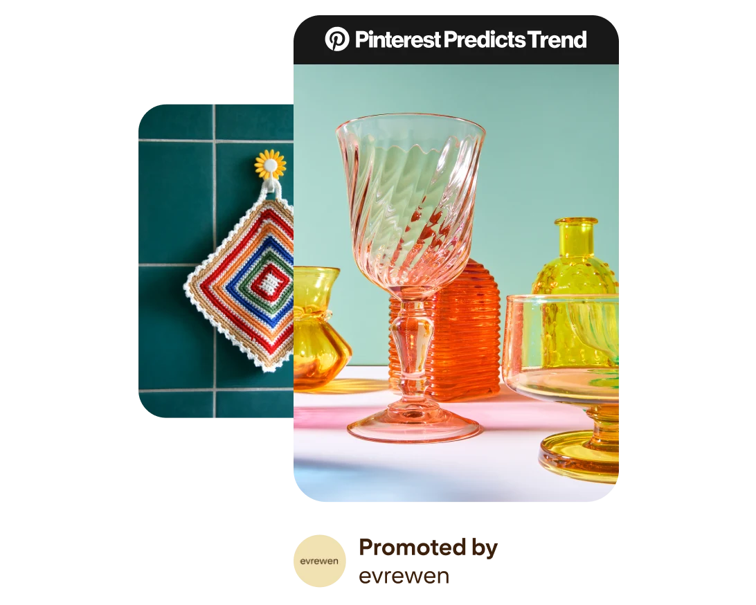 Pin-shaped ad featuring colored glassware with a black “Pinterest Predicts Trend” badge at top. Behind it, a Pin-shaped image appears featuring an embroidered doily in front of a green-tiled wall.
