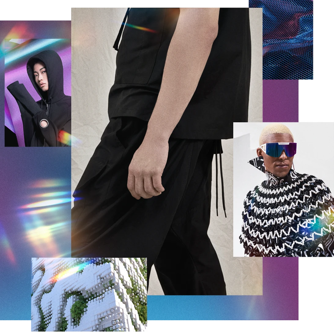 Collage futuriste prÃ©sentant une composition de plusieurs personnes, dont un homme de couleur avec des lunettes de soleil violettes ornÃ©es de tenues futuristes.