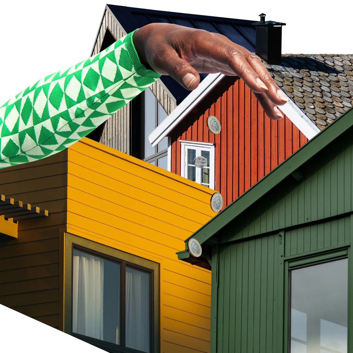 Collage de frentes de casas de color marrón, rojo, amarillo y verde. Una mano de piel oscura y mangas cuadriculadas se eleva sobre ellos en el fondo.