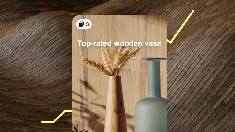 Idea ad of two vases titled "Top-rated wooden vase" on a warped wooden background with an up-trending yellow line and right-aligned button text stating "Visit site".