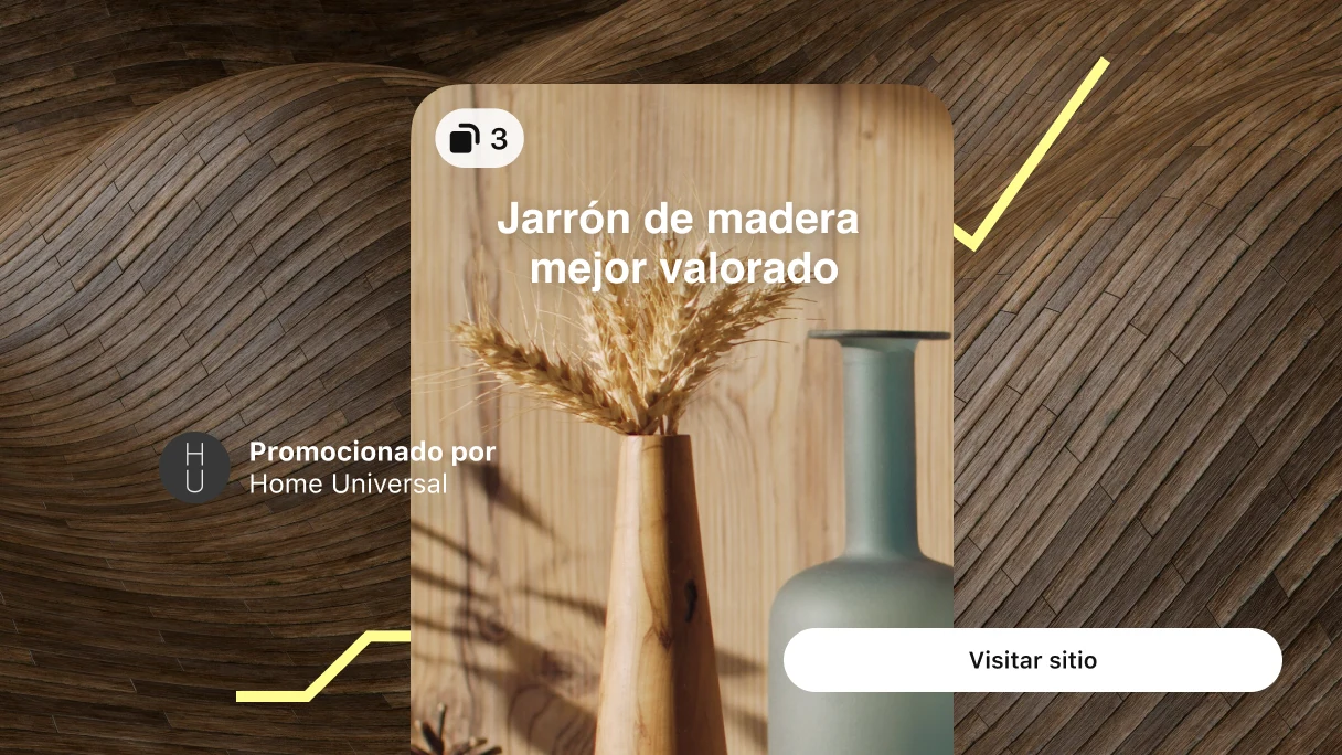 Idea Ad de dos jarrones titulado "Jarrón de madera mejor calificado" sobre un fondo de madera combado con una línea de tendencia ascendente de color amarillo y un botón alineado a la derecha con texto que indica "Visitar sitio".