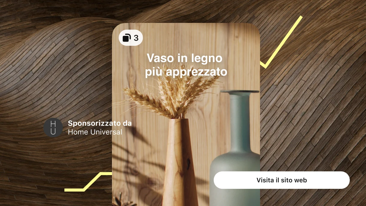 Idea Ad con due vasi e la scritta "Il nostro vaso in legno più apprezzato" su un sfondo in legno ondulato con una linea gialla di un grafico in crescita e un pulsante sulla destra che dice "Visita il sito".