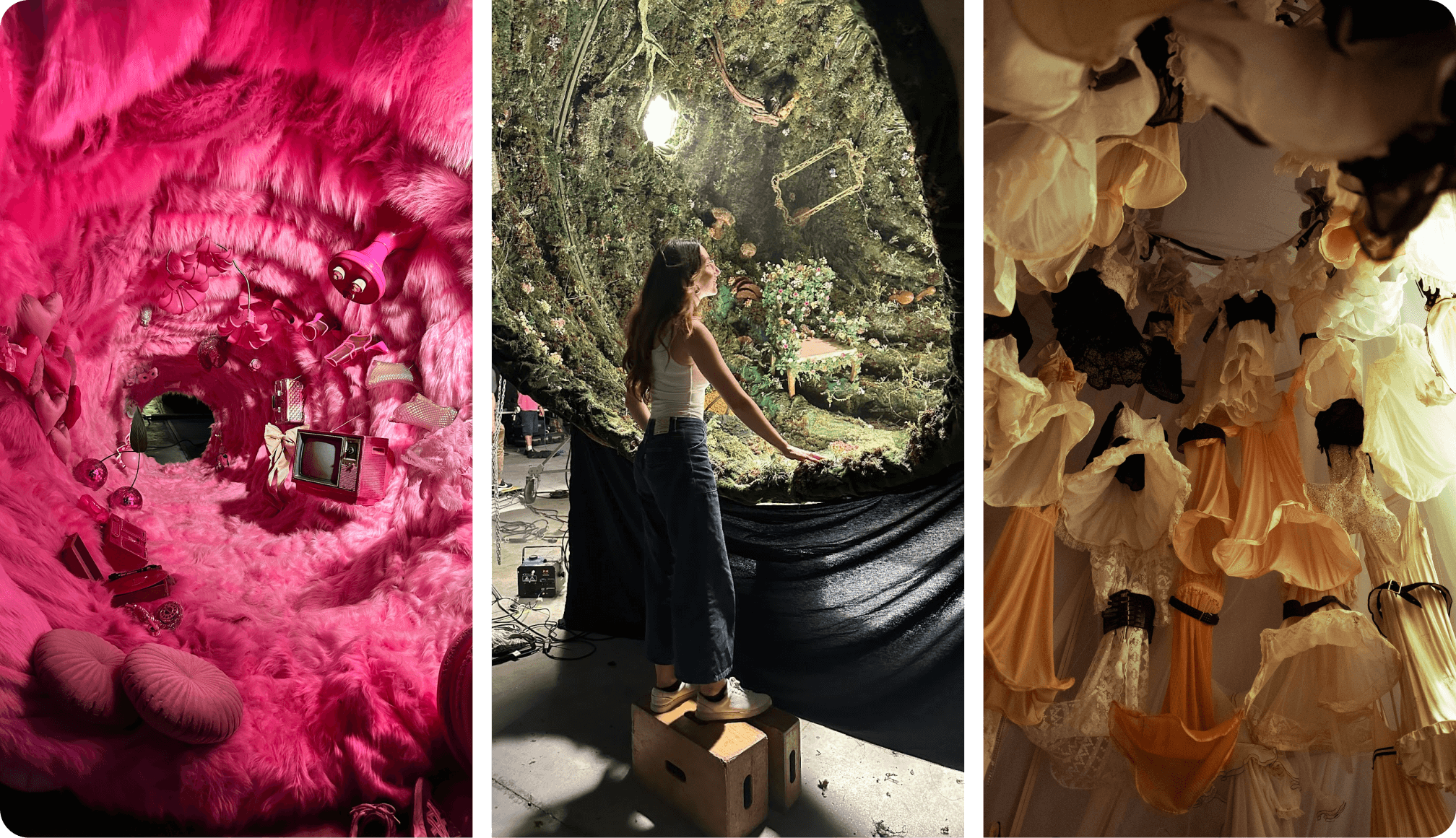 A pink fuzzy tunnel with pink objects within it, a woman staring into a mossy display and an array of peach and tan hanging dresses.