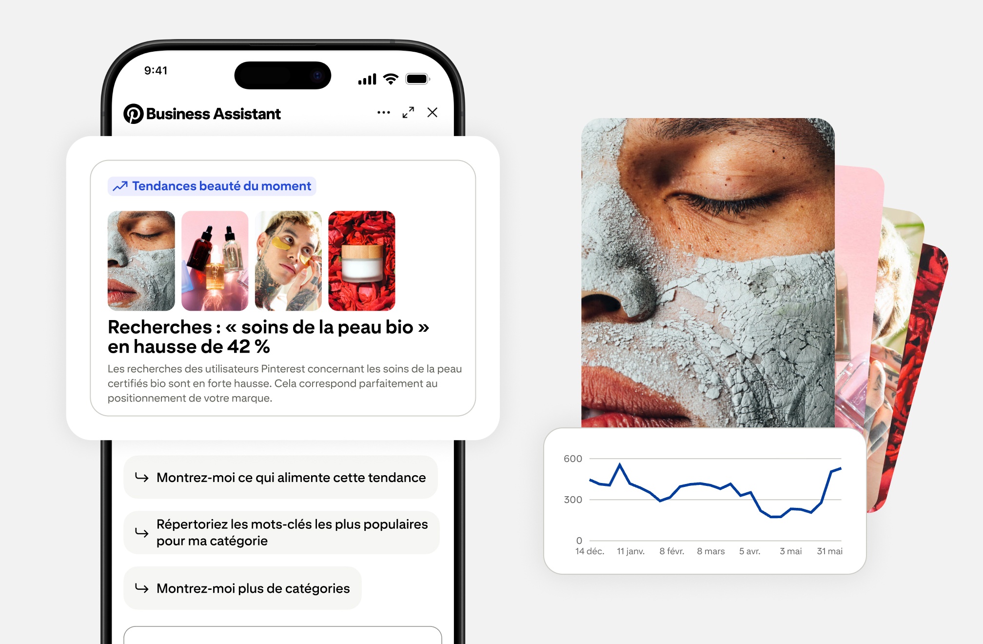Interface du Business Assistant montrant une carte avec le texte « Recherches de soins bio en hausse de 42 % » et quatre Épingles produits de beauté, à côté d’un graphique à la hausse et d’un visage en gros plan recouvert d’un masque à l’argile. 