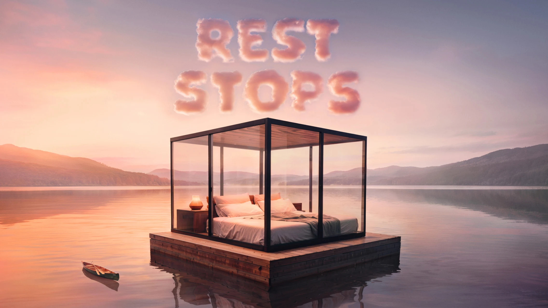 Luxurious bed enclosed in glass structure on top of a wooden plank floating in a serene lake. “Rest Stops” is written in puffy white clouds in the sky.