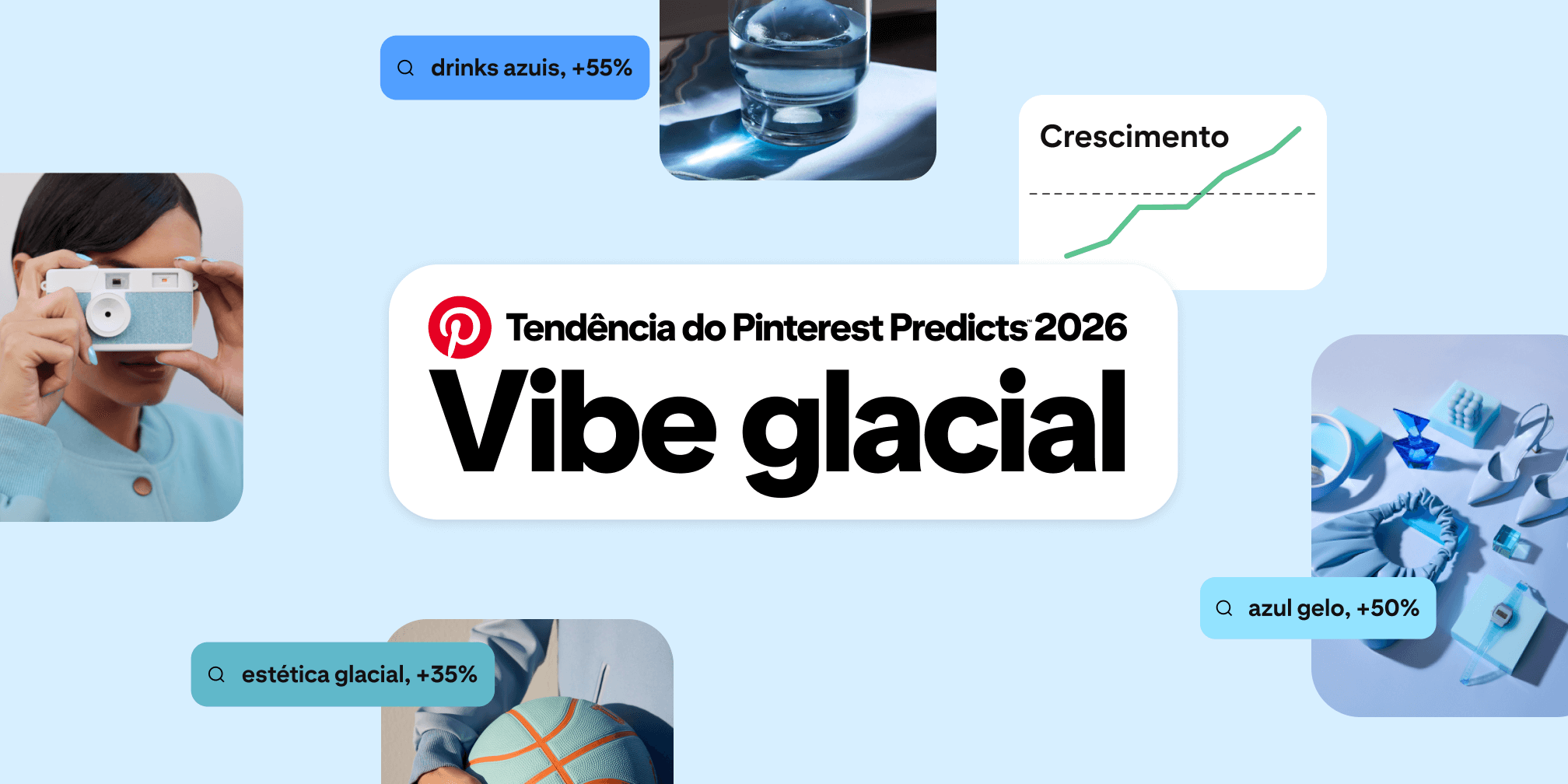 As palavras "Tendência do Pinterest Predicts 2026" e "Vibe glacial" aparecem cercadas por imagens relacionadas na cor azul, além de pesquisas e estatísticas como "estética glacial, +35%", e um gráfico de linha mostrando crescimento ascendente.