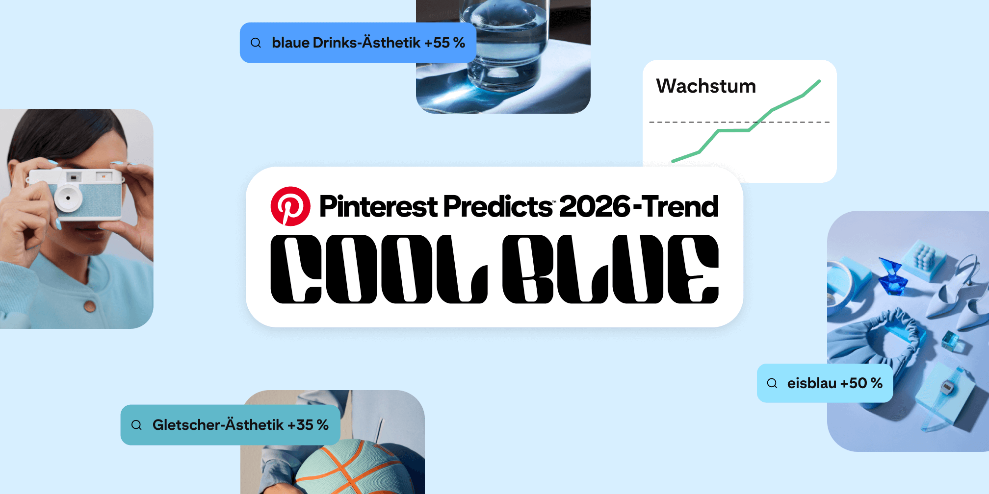 Der Text „Pinterest Predicts 2026-Trend: Cool Blue“ ist von zugehörigen blauen Bildern, Suchanfragen und Statistiken wie „Gletscher-Ästhetik +35 %“ umgeben, zusammen mit einem Liniendiagramm, das zunehmendes Wachstum zeigt.