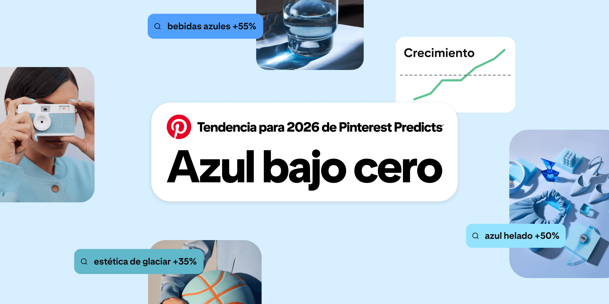 Las palabras “Tendencia de Pinterest Predicts 2026: Azul bajo cero” están rodeadas de imágenes, búsquedas y estadísticas azules relacionadas, como “estética de glaciar +35%”, junto con un gráfico lineal en el que se muestra un crecimiento.